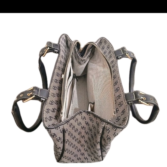 VINTAGE Dooney & Bourke Black Leather Gray Canvas Shoulder Bag Medium Size - Picture 7 of 11